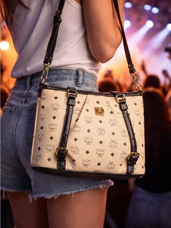 MCM Visetos Satchel Bag Cream Black Leather Trim Crossbody Medium Tote w/ COA - Picture 1 of 15